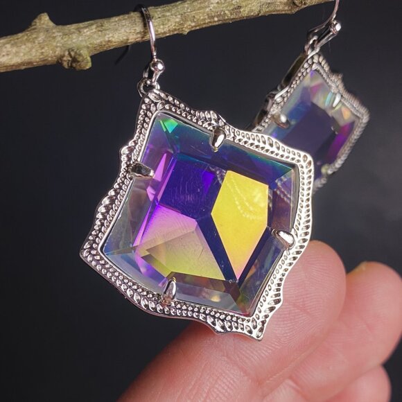 Kendra Scott Kirsten Dichroic Glass Rainbow Iridescent Faceted Silver Earrings - Picture 3 of 9